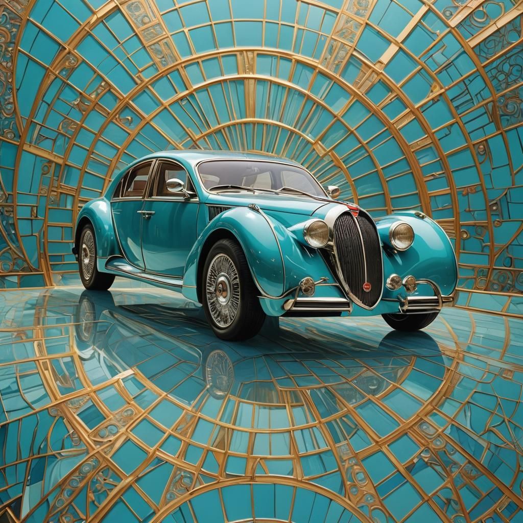 Turquoise Art Deco Bugatti Sedan in Glass