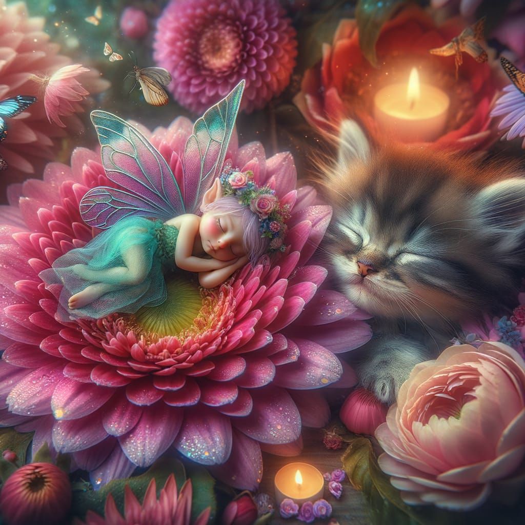 Whimsical Fairy and Curious Cat on a Vibrant Flower