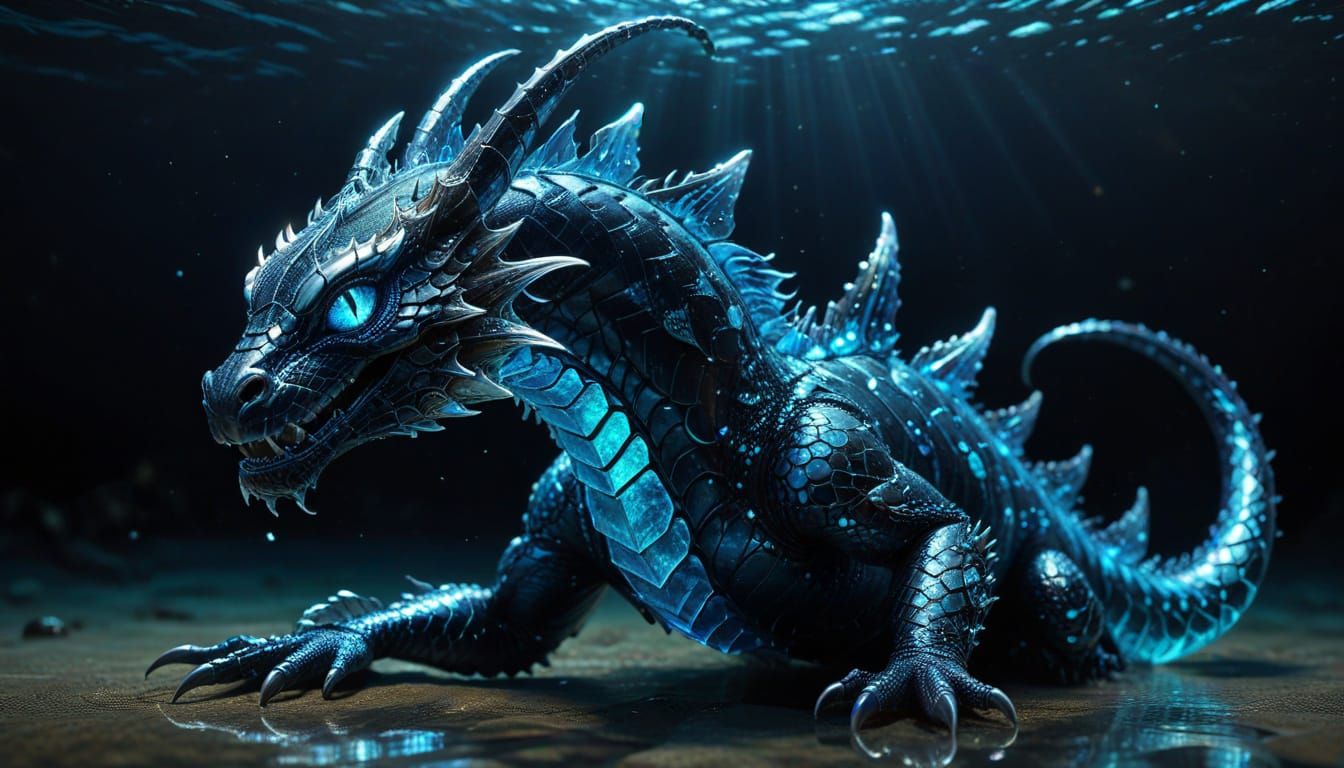 Glowing Amphiptere Serpent with Horns and Dorsal Fins in a V...