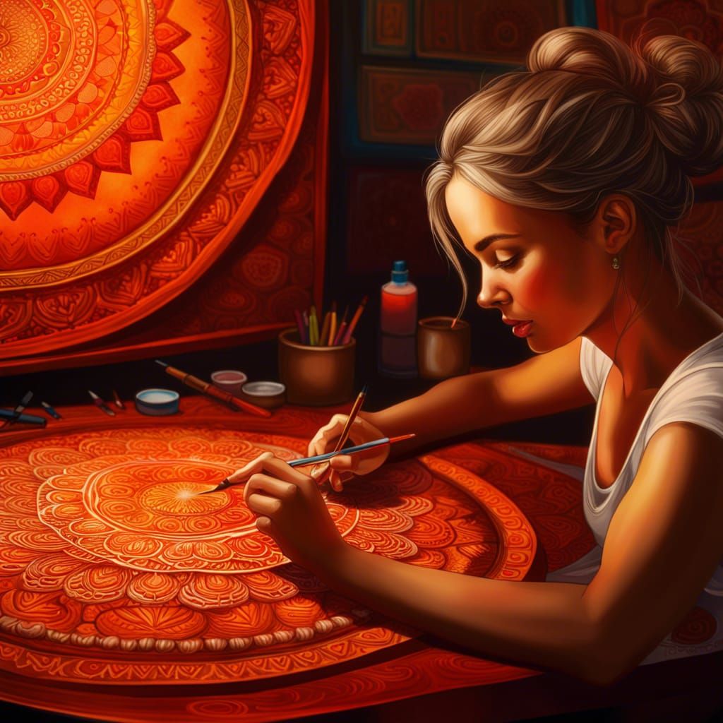 Woman Painting Ornate Mandala in Hyperrealistic Style