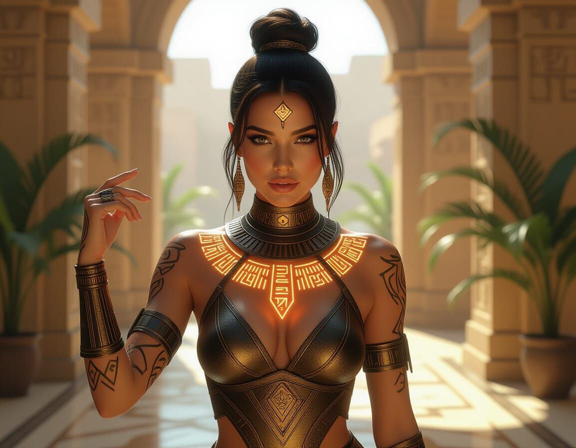 Woman with Hieroglyphic Tattoos in 3D