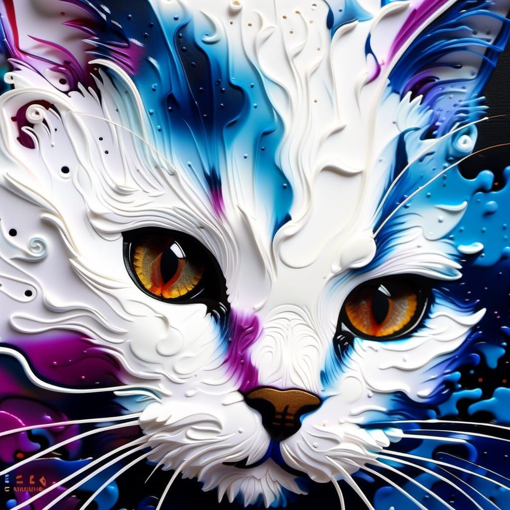 Cloud Cat Inkblot Portrait in Impasto Style