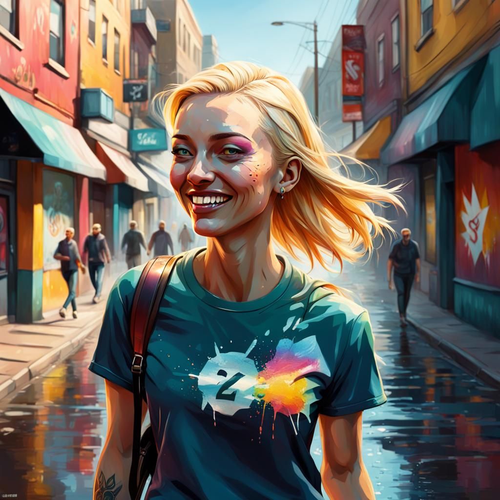 Happy Blonde Woman Walking Down Street