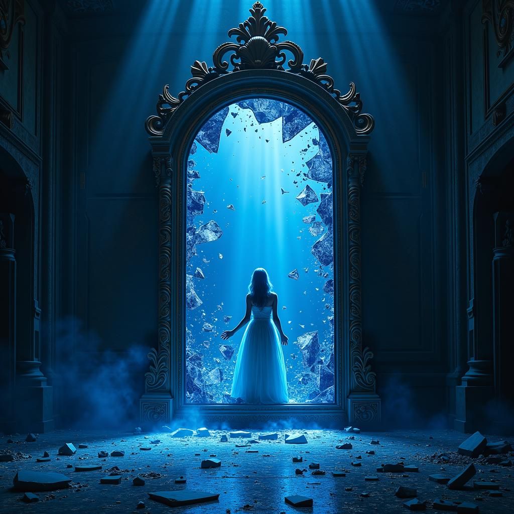 Shattered Mirror in Decaying Chamber with Futuristic Element...