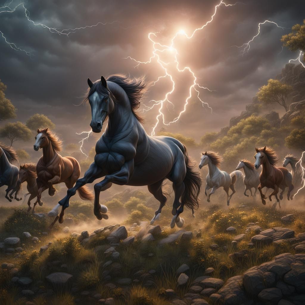 Prairie Stampede: Horses Galloping Under Lightning