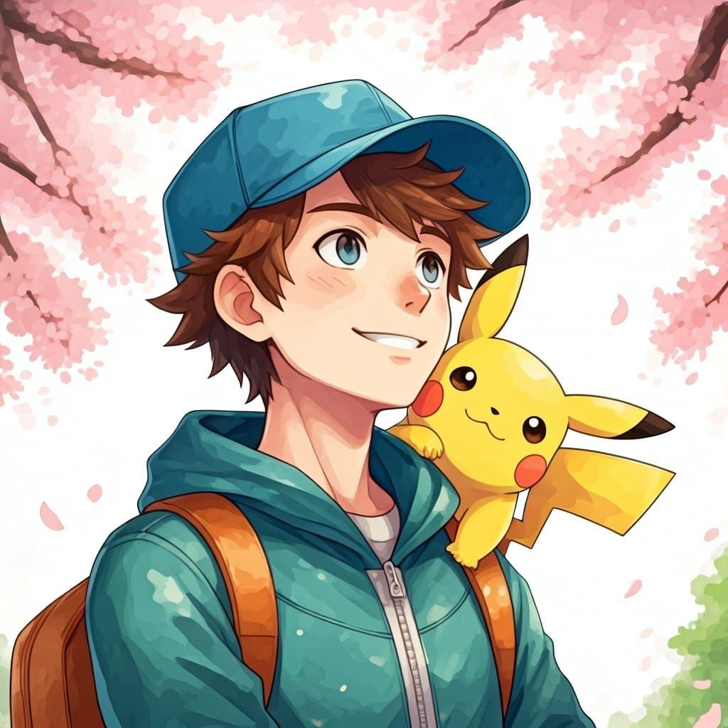 Pokémon Trainer and Pikachu Enjoying Sakura Blossoms