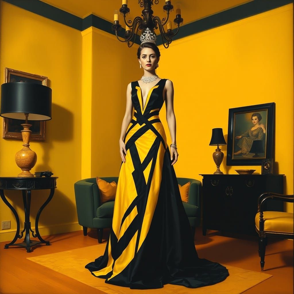 Woman in Black and Yellow Gown in Surrealist Room