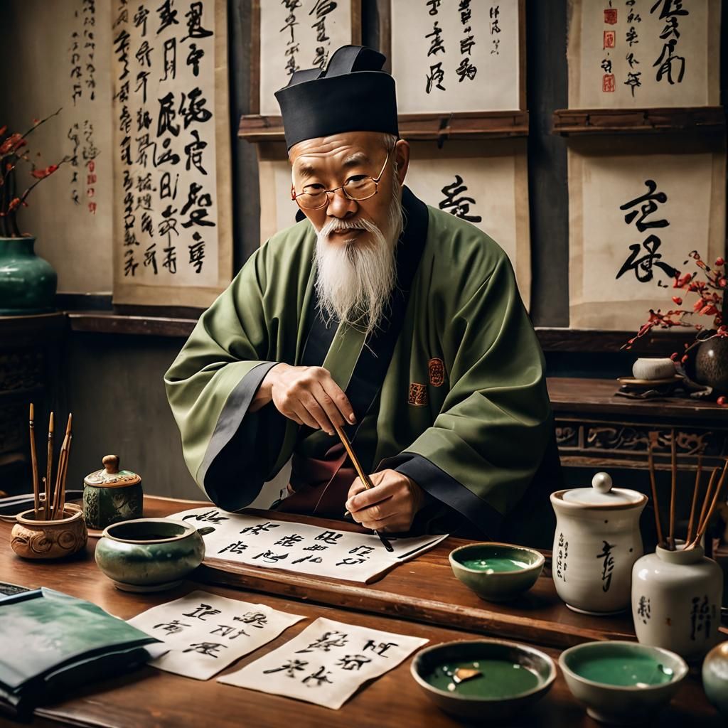 Chinese Calligrapher Writes Sword Character in Studio