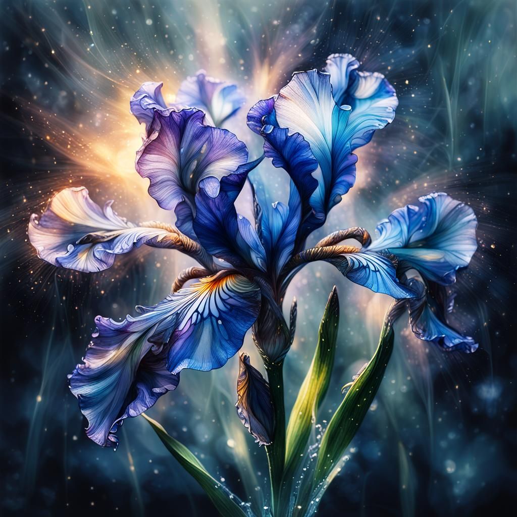 Glass Iris Dreamscape: Bioluminescent, Transparent Flower