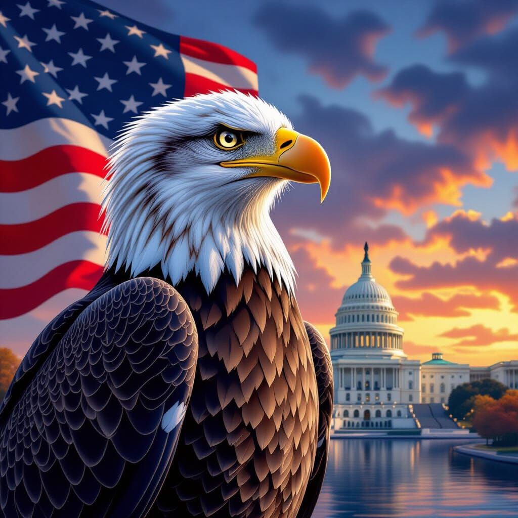 Patriotic Bald Eagle and US Capitol with American Flag