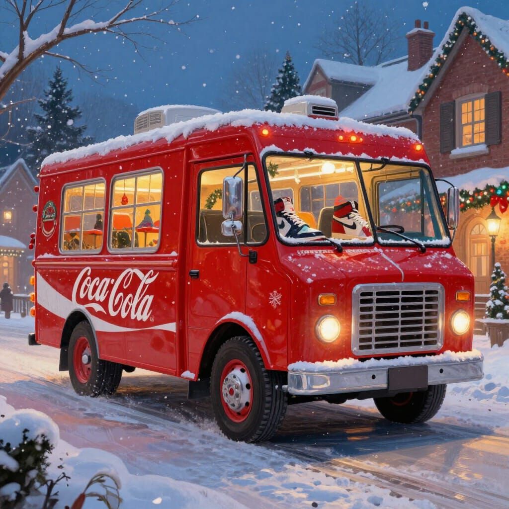 Coca-Cola Truck with Air Jordan Wheels in Snowy Village