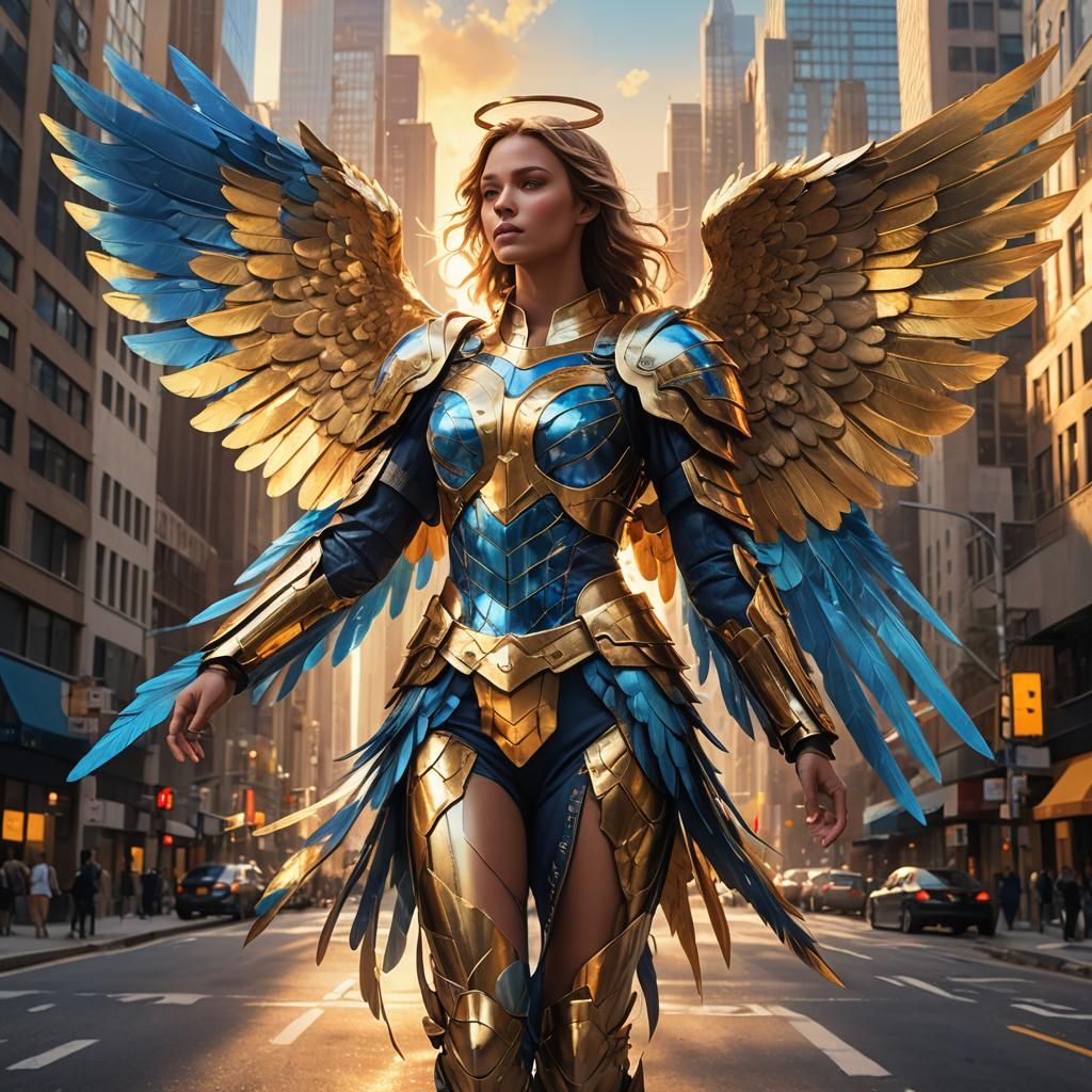 Angel with Blue and Gold Wings in Cityscape
