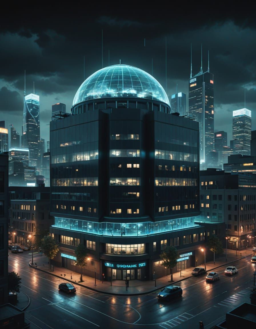 Futuristic Police Headquarters in a Dark Urban Setting