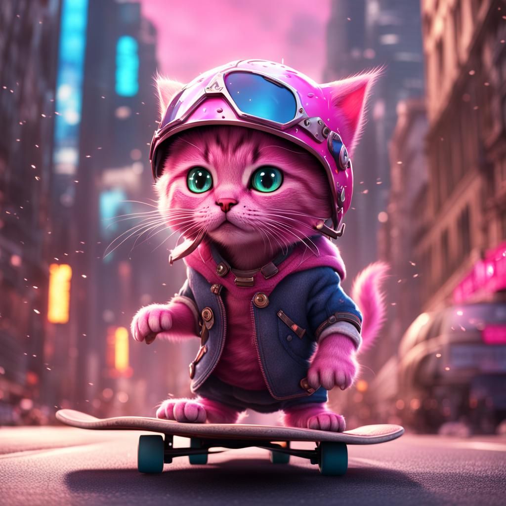 Pink Kitten Skateboarder in Detailed Fantasy Art