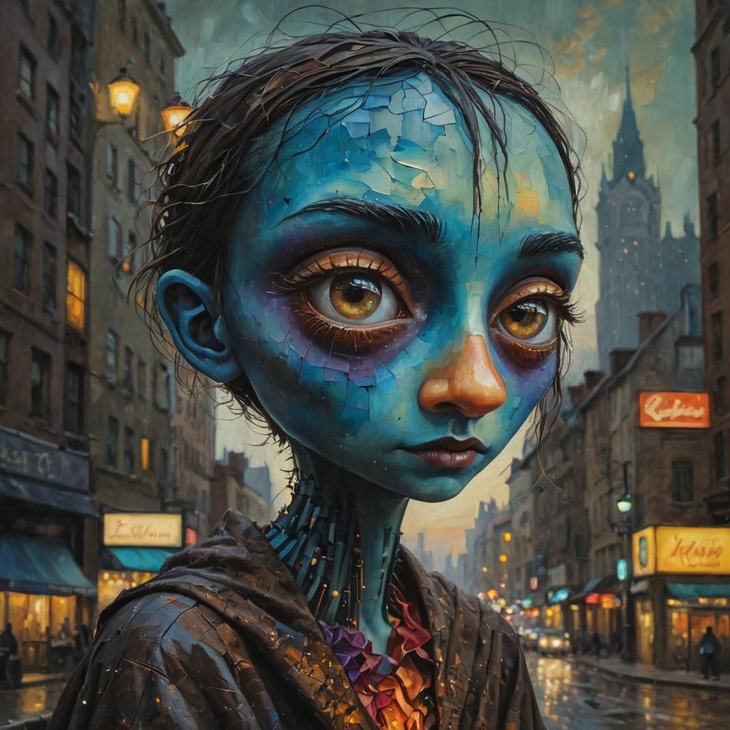 Surreal Self-Portrait in Crowded Cityscape at Dusk