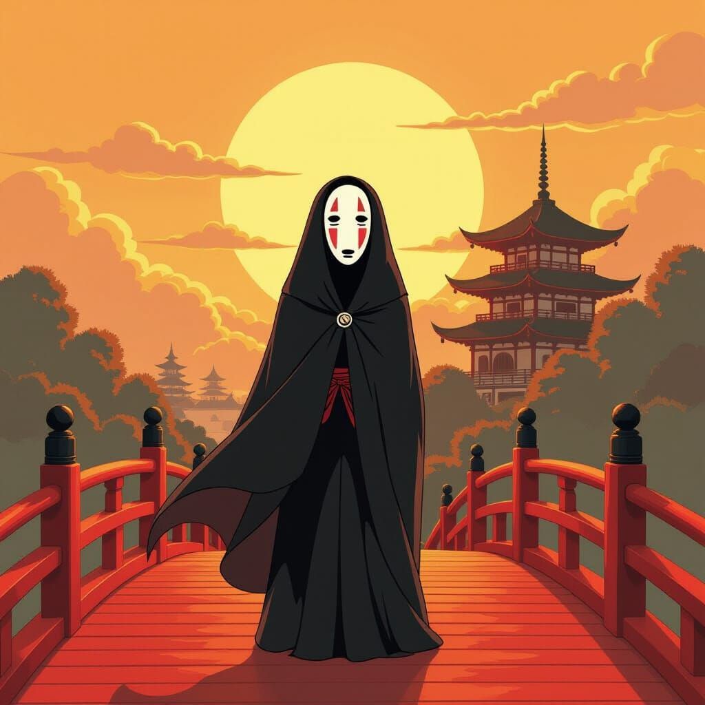 No Face Spirit on Red Bridge at Sunset