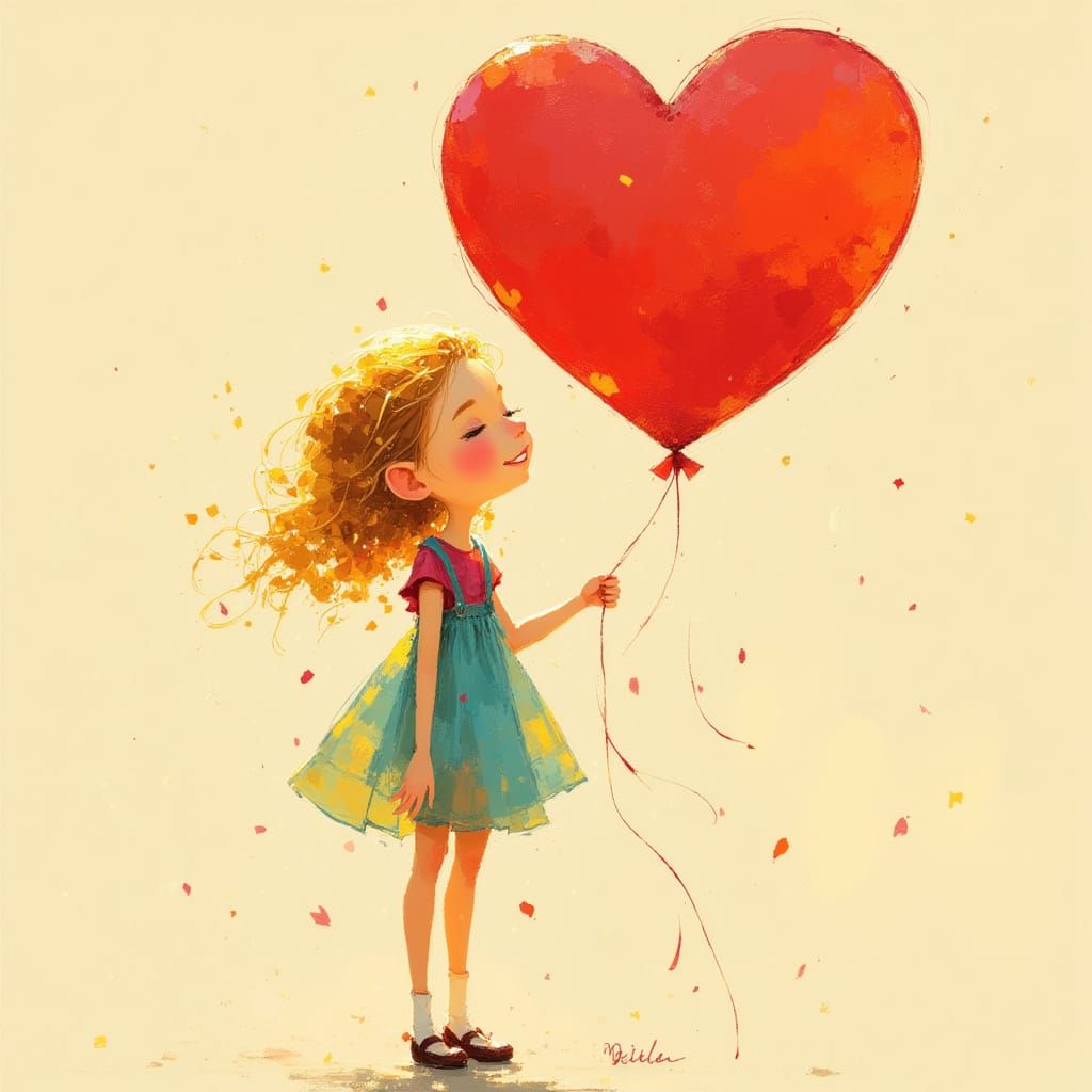 Whimsical Girl with Red Heart Balloon in Dreamlike Style