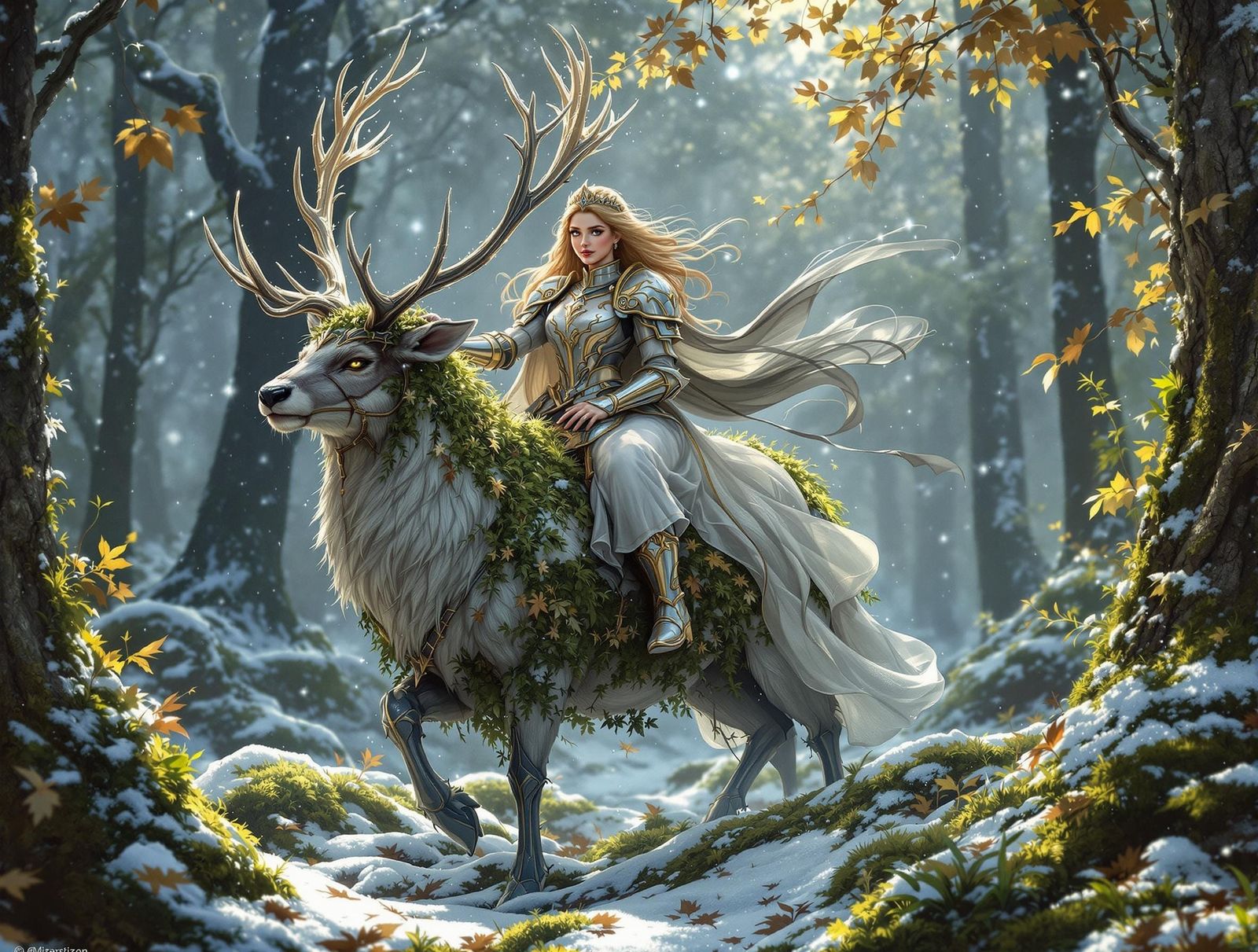Enchanted Princess and Knight Ride Majestic Deer through Sno...
