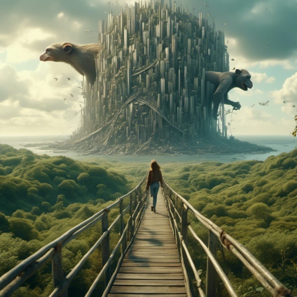 Cyberpunk Tower of Babel with Animals on Ship