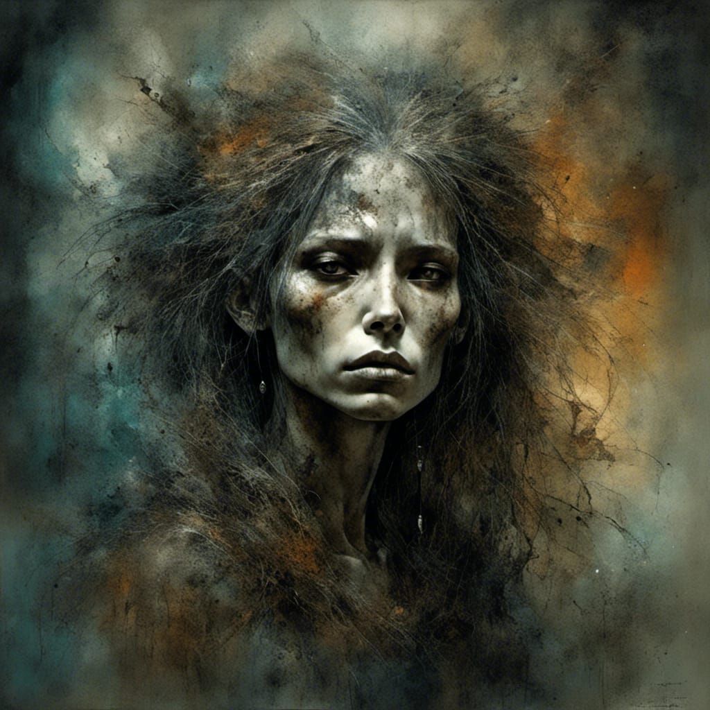 <lora:Tragic red:1.0> <lora:ArchetypalImagery:1.0> tragic, despair, gothic Intricate detail Sharp contrast. A woman hau...