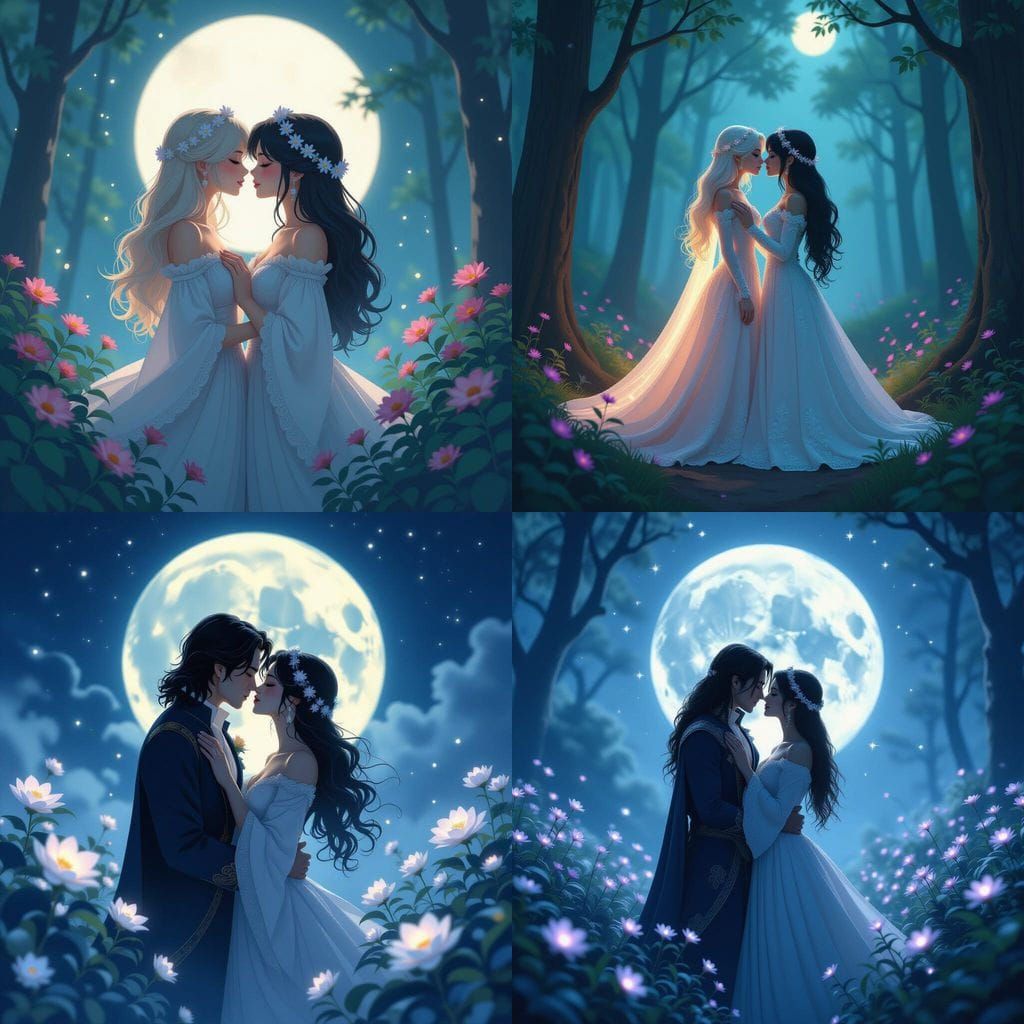Fantasy Couple Kissing in Moonlit Forest