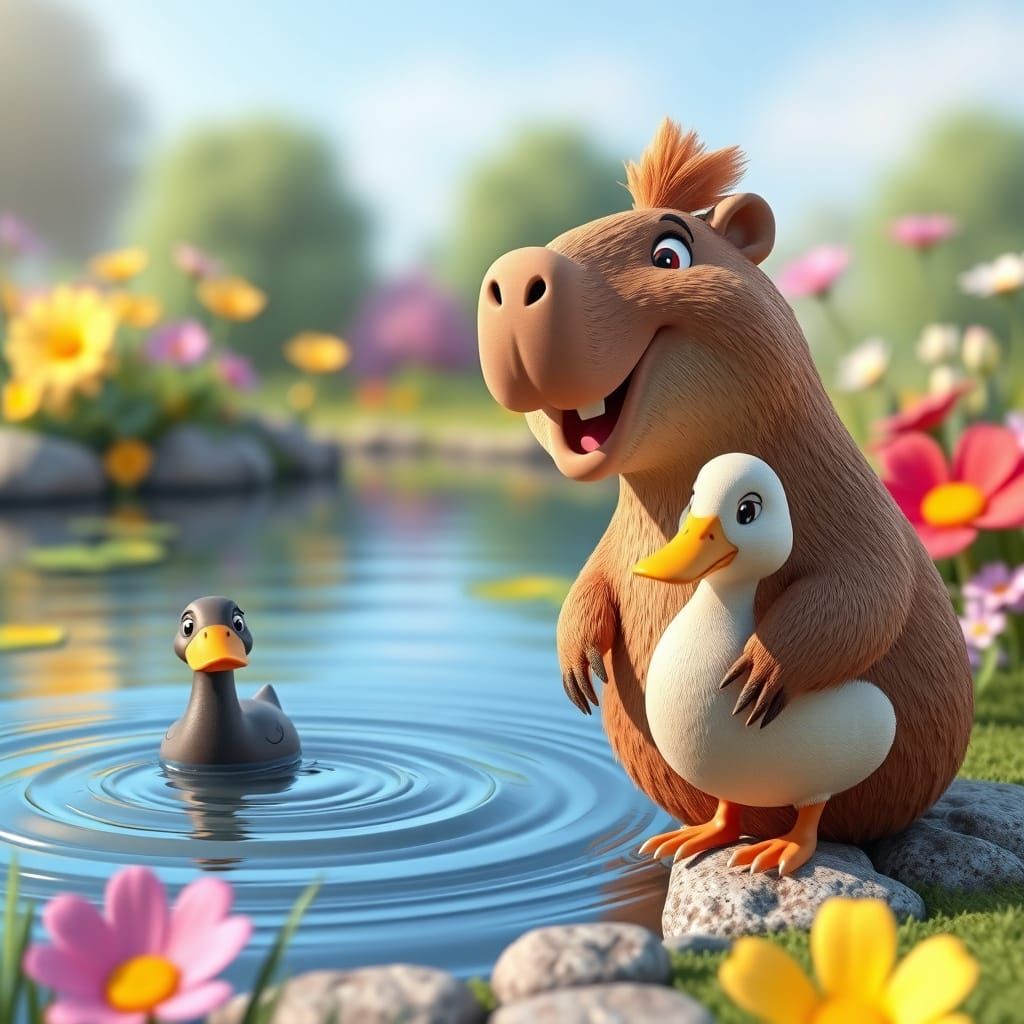 Capybara and Duck Friends Play by a Serene Pond in Vibrant C...
