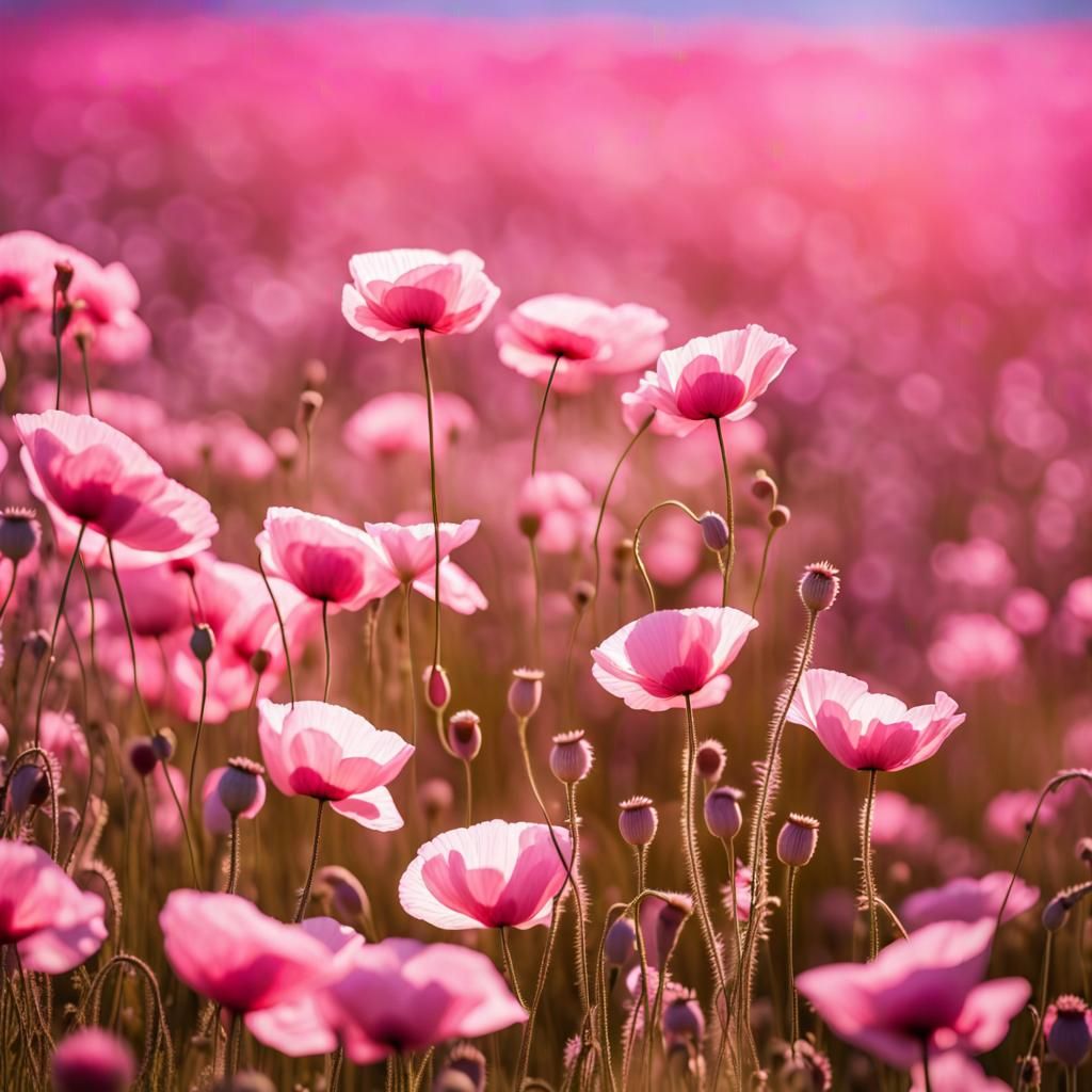Dreamy Pink Poppy Field in Soft Light