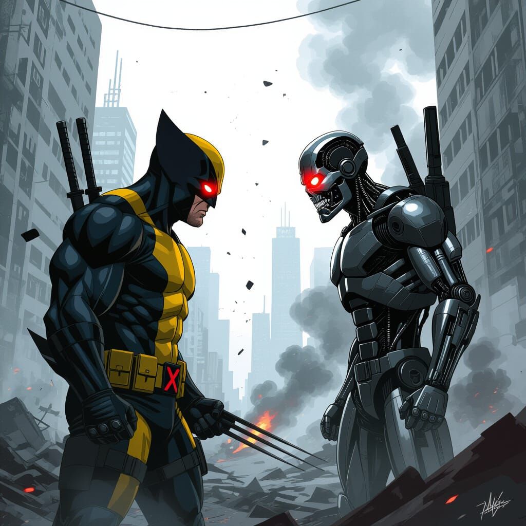 Cable Confronts Terminator in Dystopian City