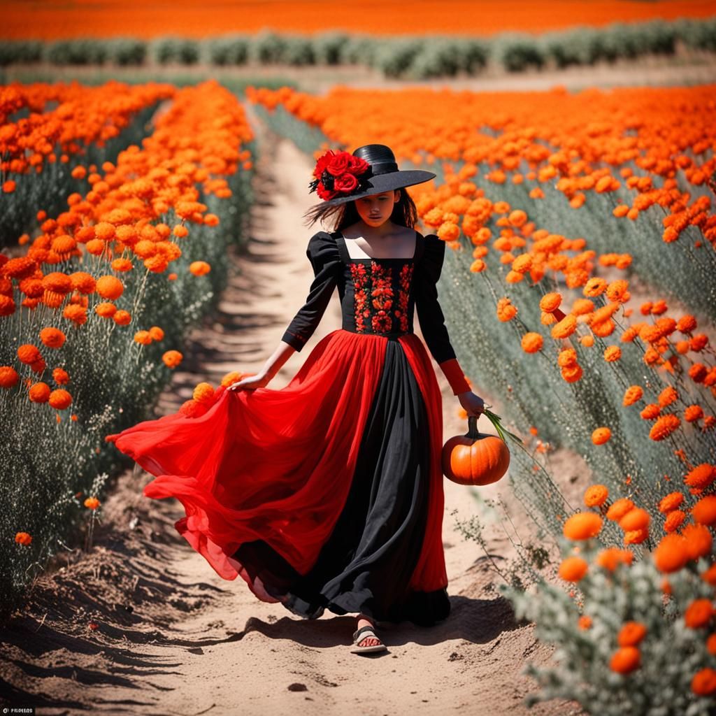 Hyperrealistic Witch in Autumn Pumpkin Patch