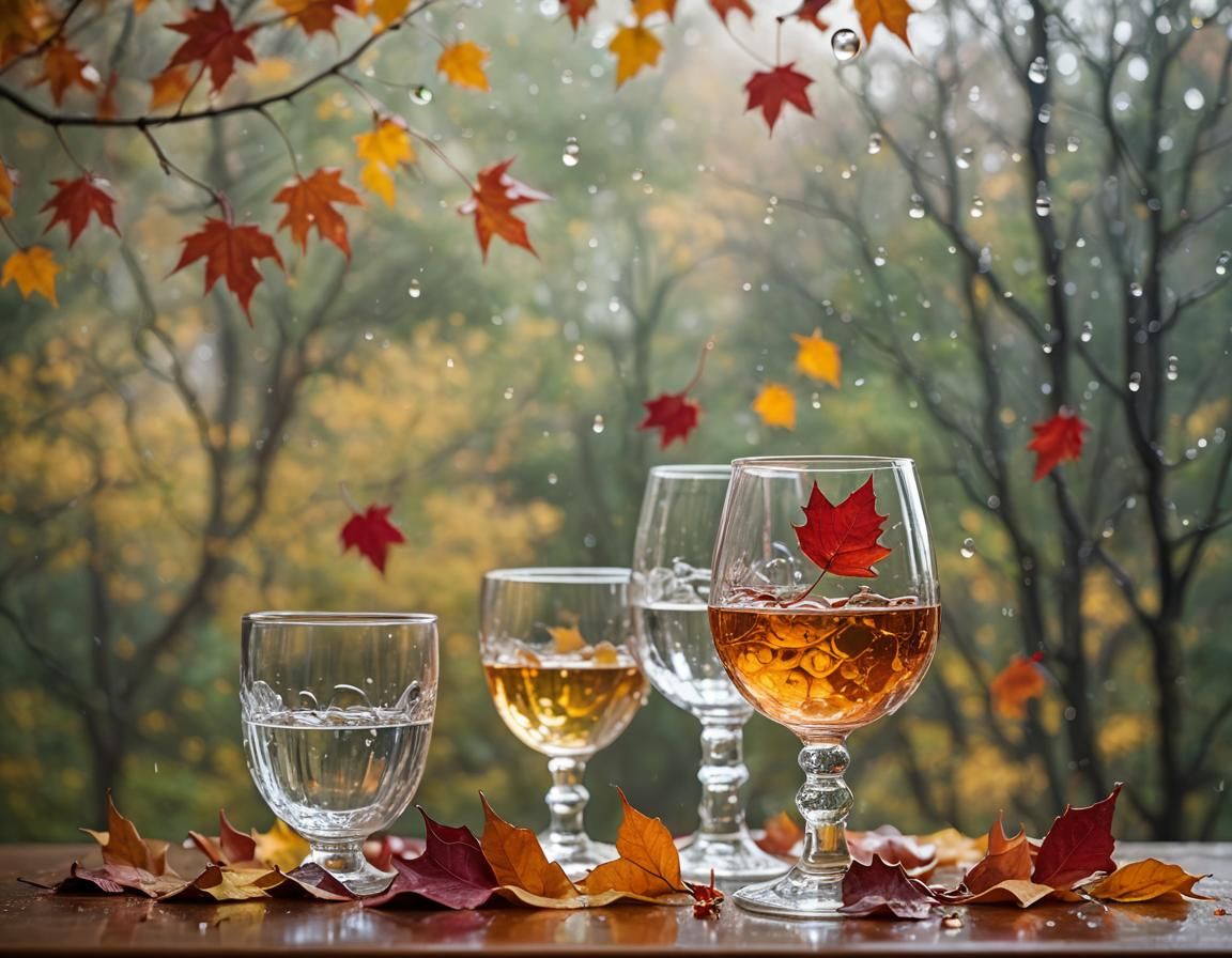 Still Life with Glassware, Autumn Leaves, and Bokeh