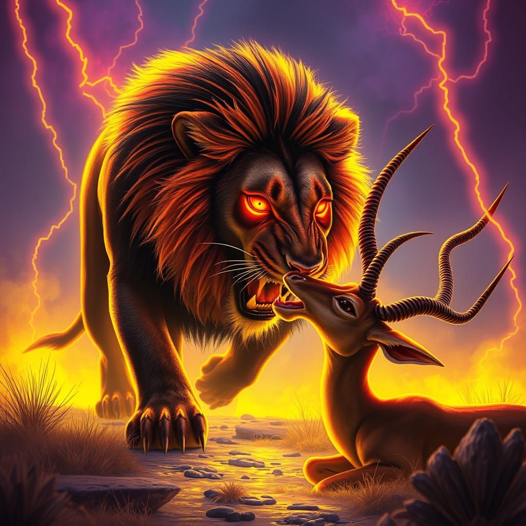 Lion Attacks Gazelle in Gothic Synthwave Style