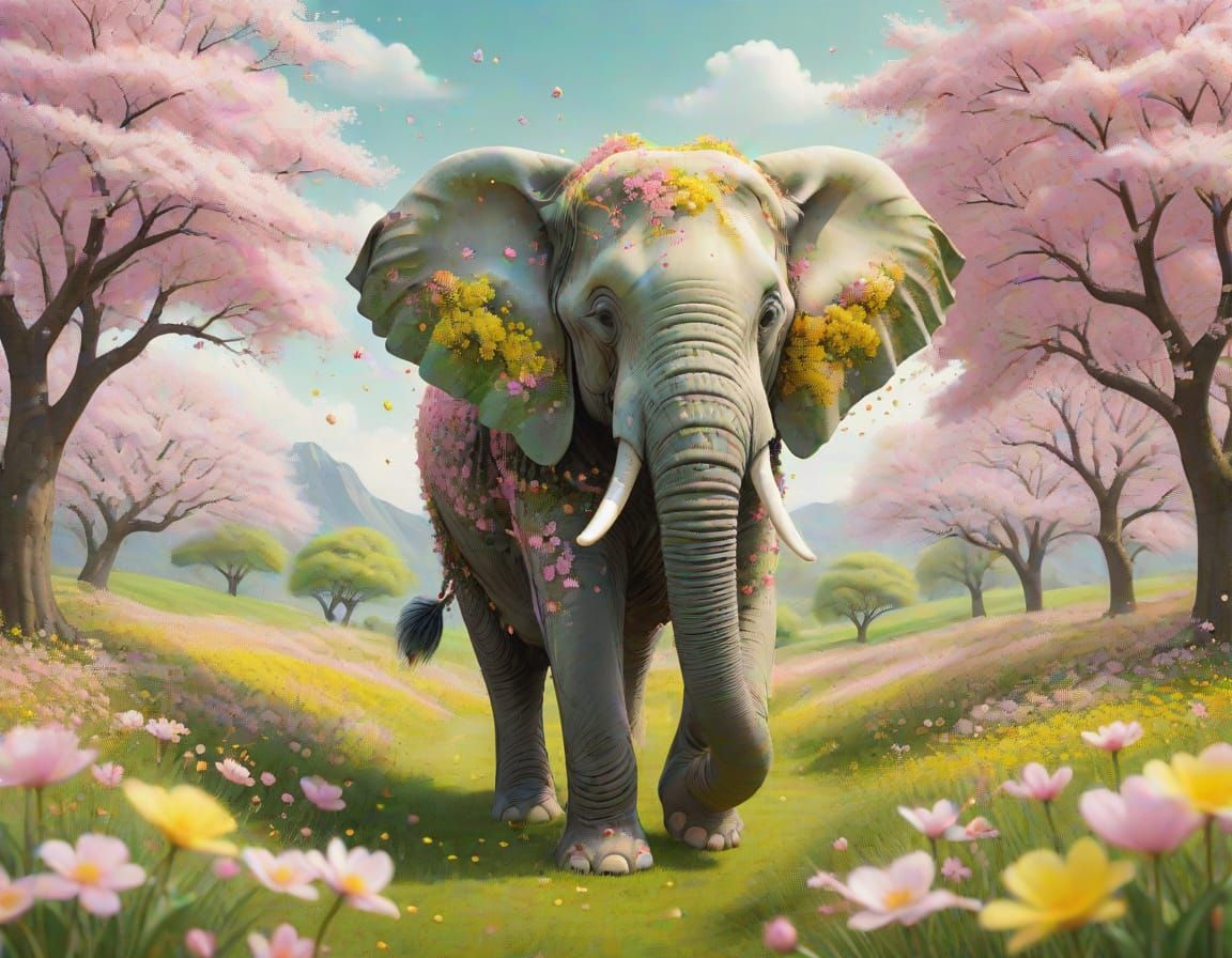 Whimsical Floral Elephant in Dreamy Cherry Blossom Landscape