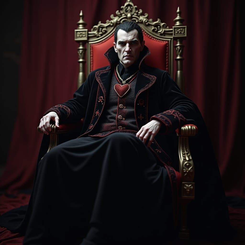 Vampire King on Gothic Throne Holding Heart