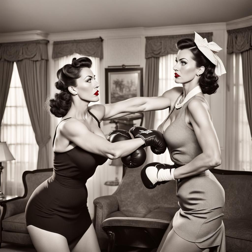 Retro Pinup Housewives Staredown in 1940s Style