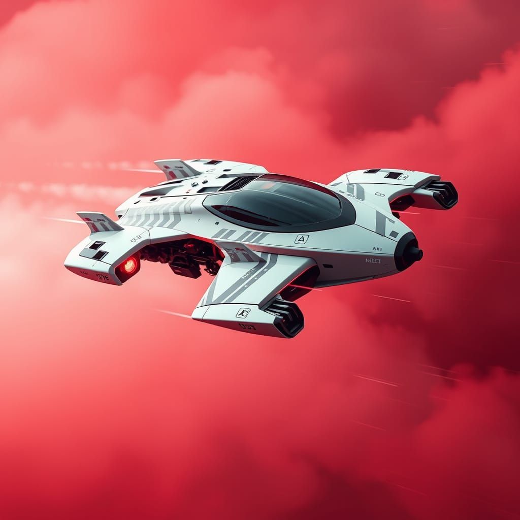Cyberpunk Flyer Speeds Through Red Fog