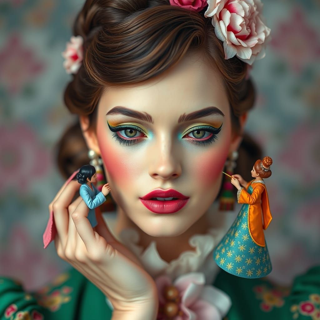 Woman's Face with Miniature Makeup Artists