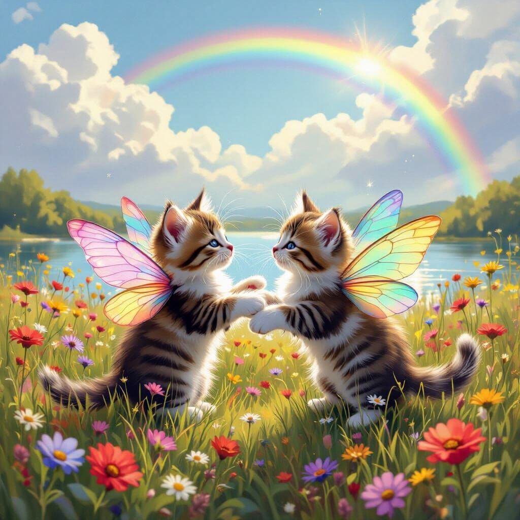Fairy Kittens Playing in Wildflower Field