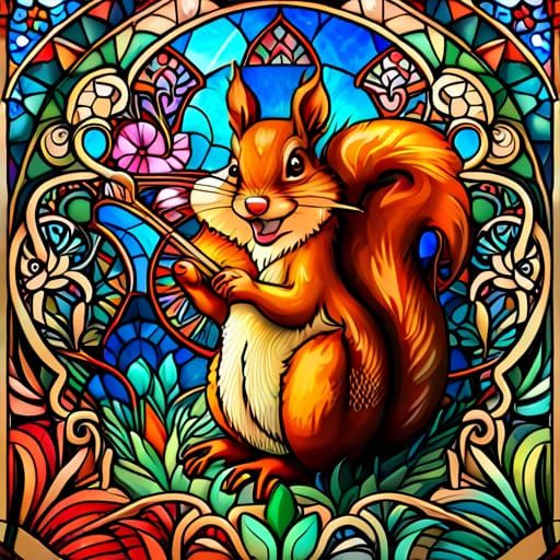 Cute Squirrel Stained Glass Window Art