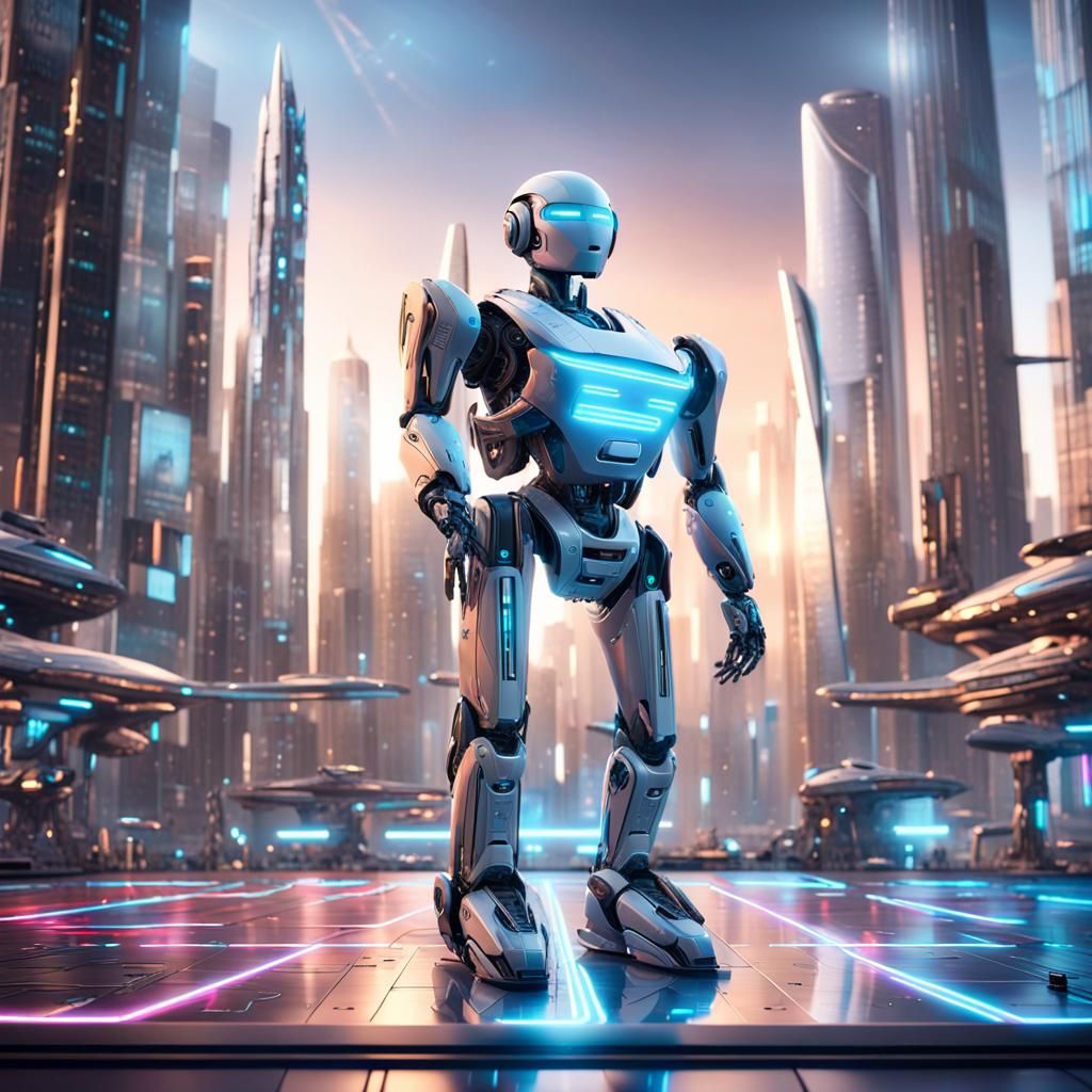 Futuristic Robot in City Square, 8K Sci-Fi Concept Art