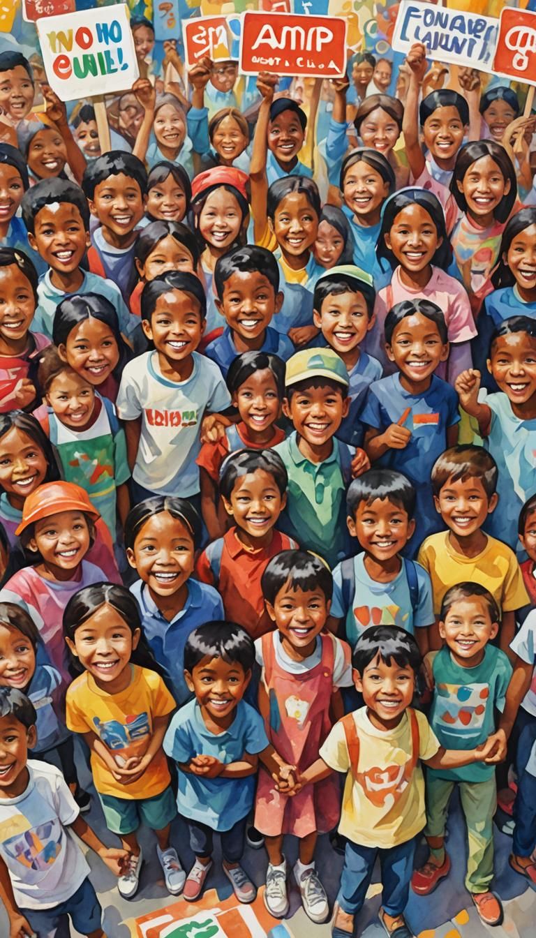 Children Displaying Traffic Sign as Gouache Painting