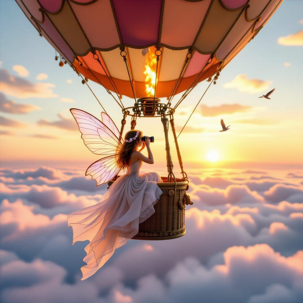 Fairy in Hot Air Balloon Above Dreamy Clouds