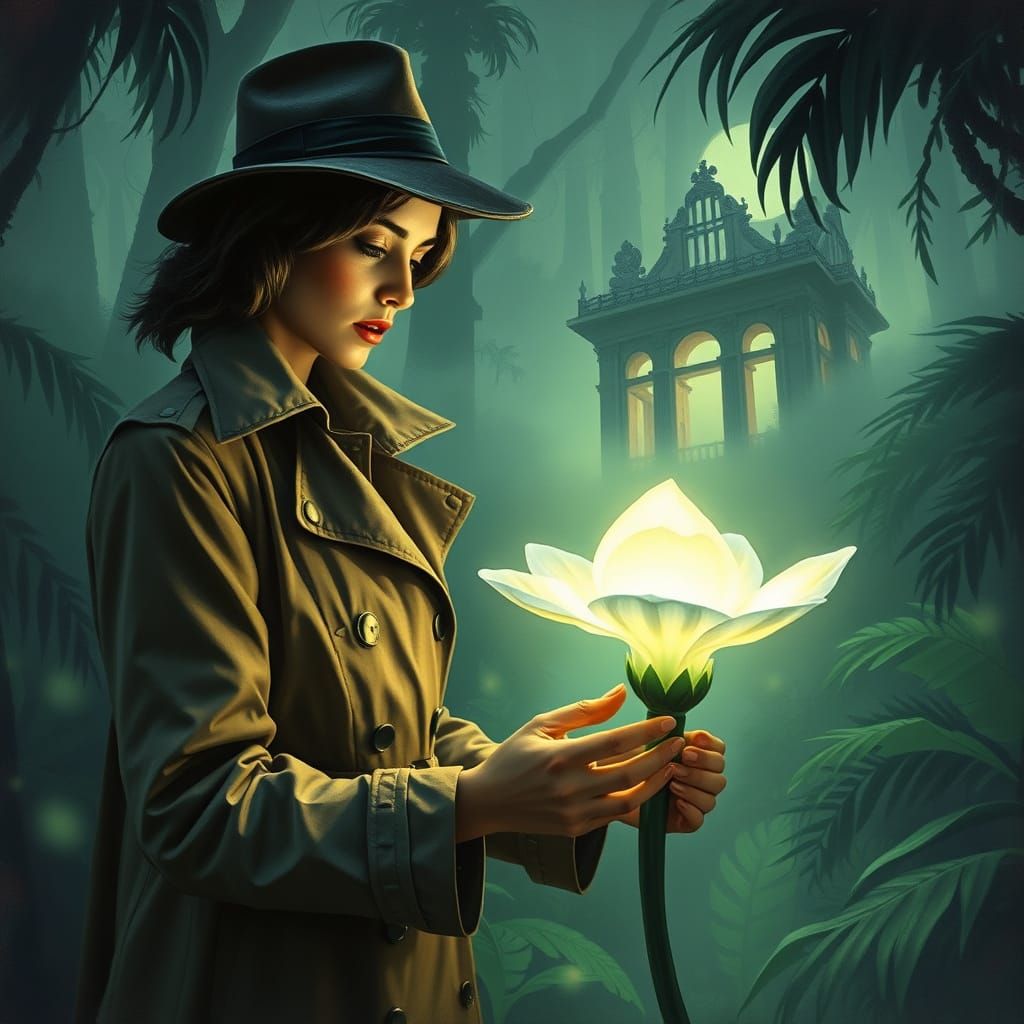 Woman in Jungle Investigates Alien Flower, Vintage Style