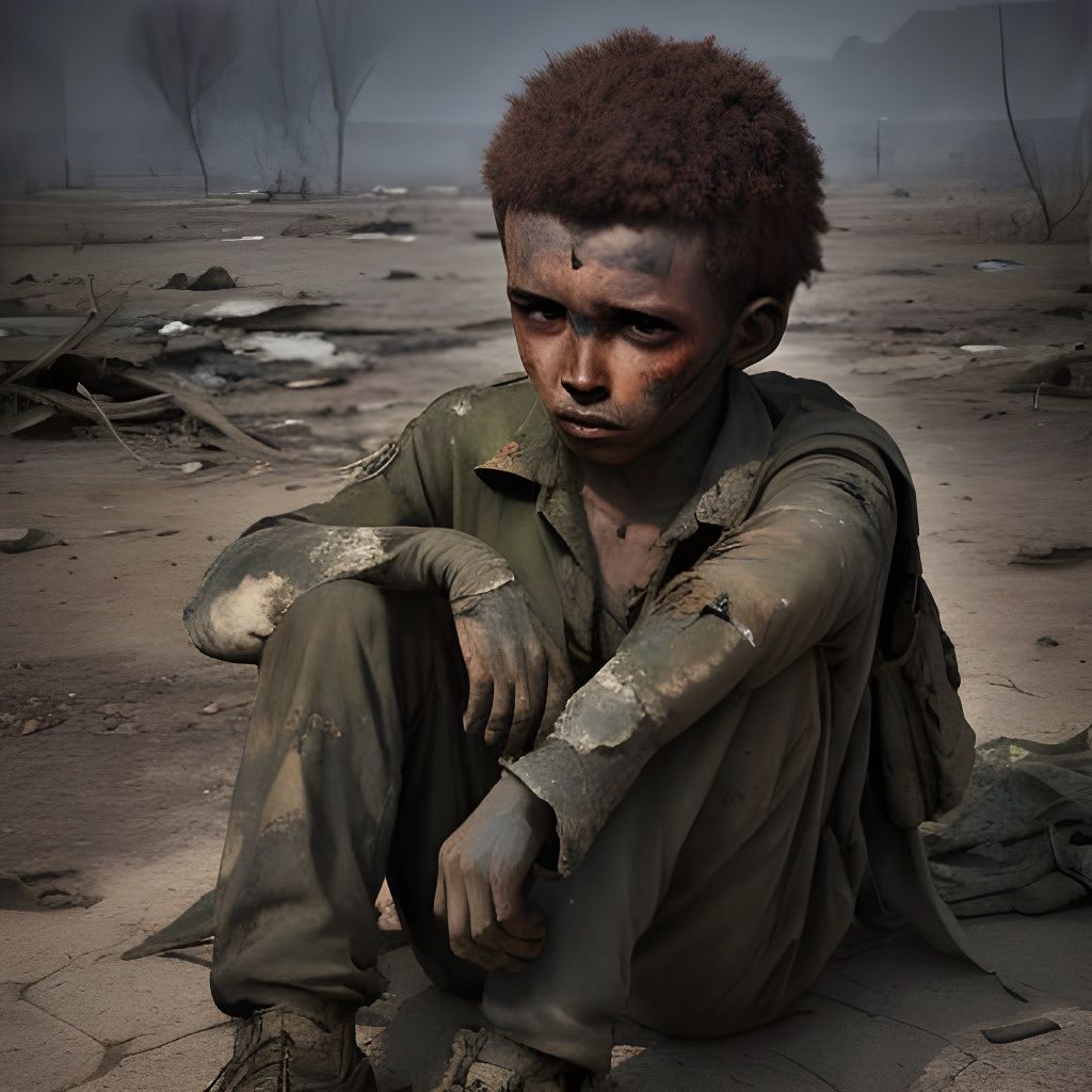 War-Scarred Youth in a Desolate Landscape