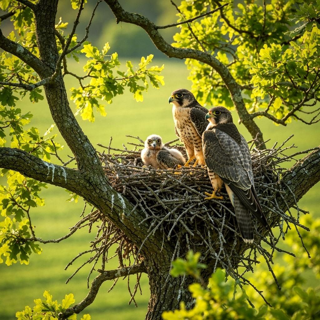 Falcons Protecting Chicks in Forest Nest