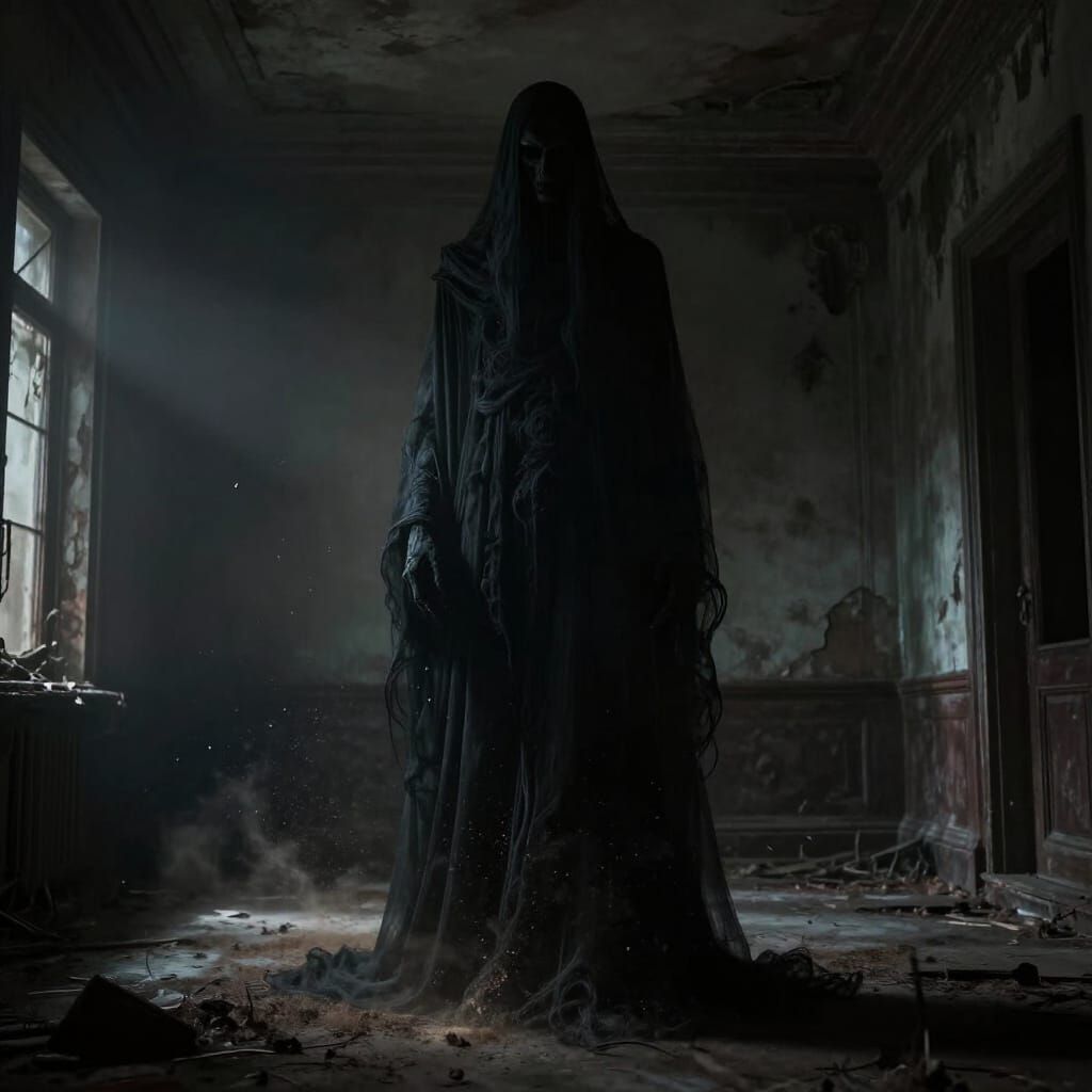 Shadow Figure in Abandoned Room, Gothic Horror Style