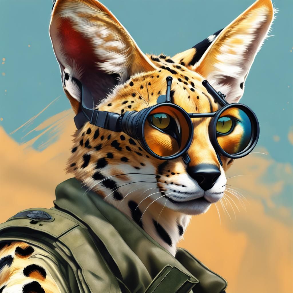 Serval Cat in Combat Fatigues, Hyperrealistic Digital Art