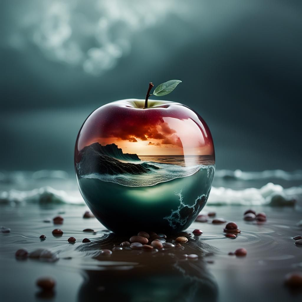 Glass Apple in Stormy Sea, in a Photorealistic Macro Shot
