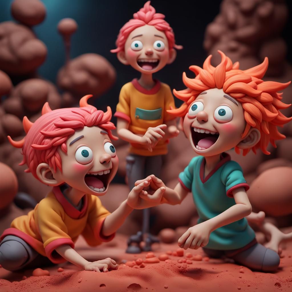 anime claymation character bursts with infectious laughter