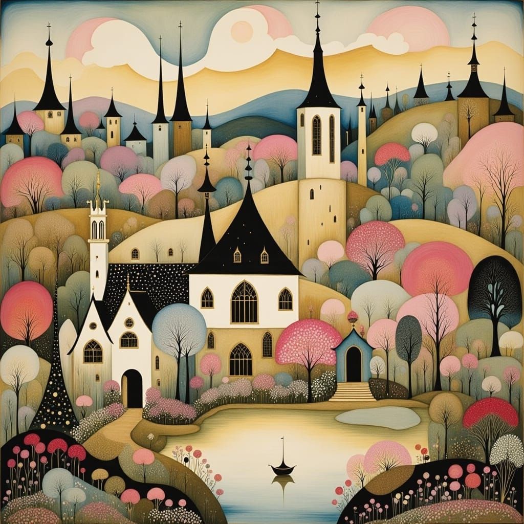 Misty Medieval Village in Ornate Art Deco Style