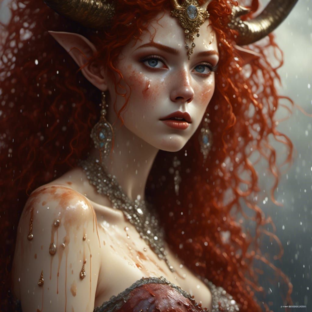 Red-Headed Horned Goddess in Storm, High Fantasy Art